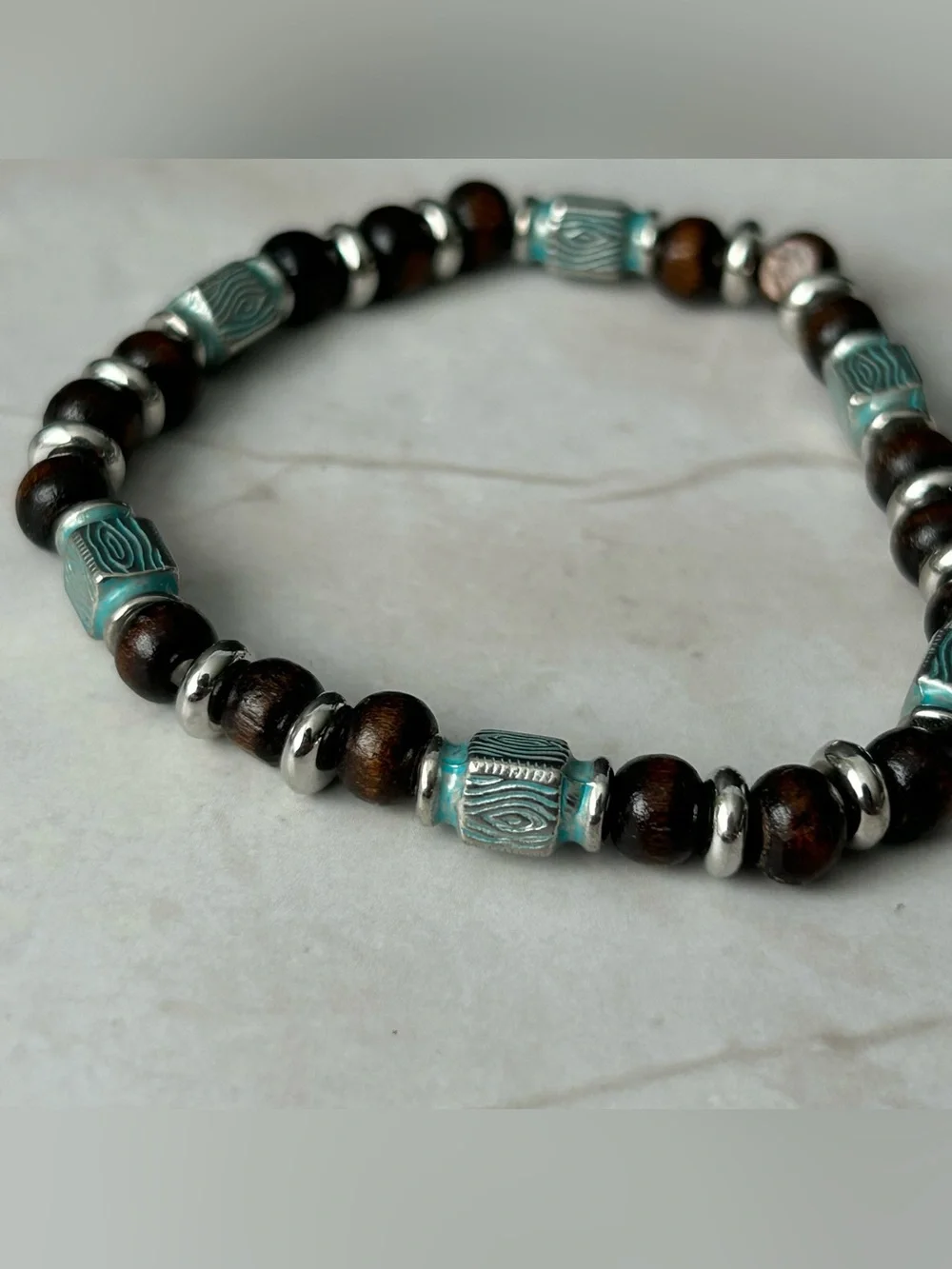 Turquoise Accent Wooden Bead Stretch Bracelet